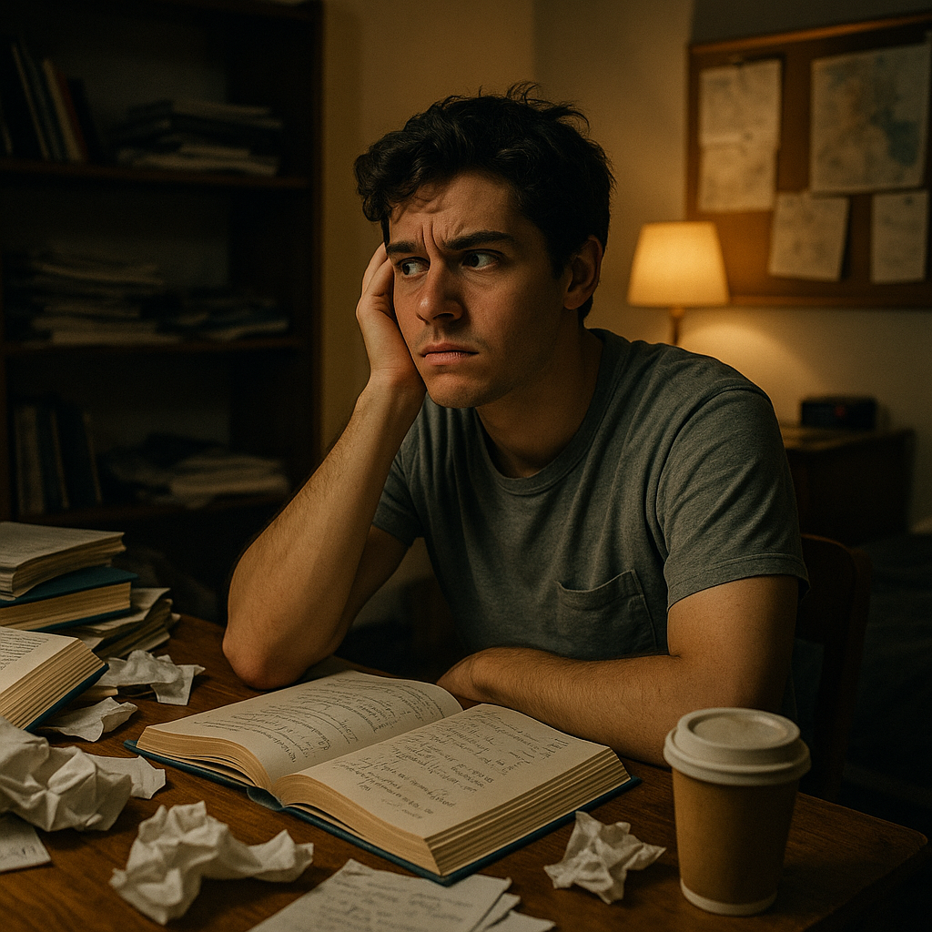 In the dim light of their slightly cluttered dorm room, a hopeful-looking college student sits at a small, worn desk strewn with textbooks, crumpled notes, and an empty coffee cup, a testament to their late-night study sessions. Despite their earnest effort to focus on the complex equations sprawled across the page, their brow furrows as intrusive thoughts—ranging from worries about upcoming exams to fleeting memories of home—interrupt their concentration, causing them to glance around the room in frustration, momentarily losing sight of their academic ambitions.