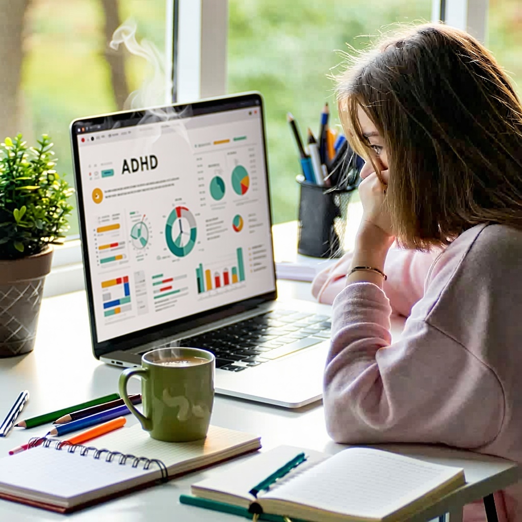 The image captures a young woman deeply immersed in her work at a sleek, minimalist desk. Beside the laptop, a steaming mug of herbal tea emits tendrils of steam, while a small potted plant introduces a refreshing splash of greenery to the scene. Scattered across the desk are notebooks filled with handwritten notes and an array of colorful pens, suggesting an attempt to organize thoughts amidst the chaos. In the background, sunlight floods through a large window, illuminating the room and casting playful shadows, while outside, trees sway gently in the warm breeze. The overall atmosphere reflects a poignant blend of concentration and distraction, highlighting the woman's inner conflict and her earnest desire for structure as she navigates the challenges of managing ADHD.
