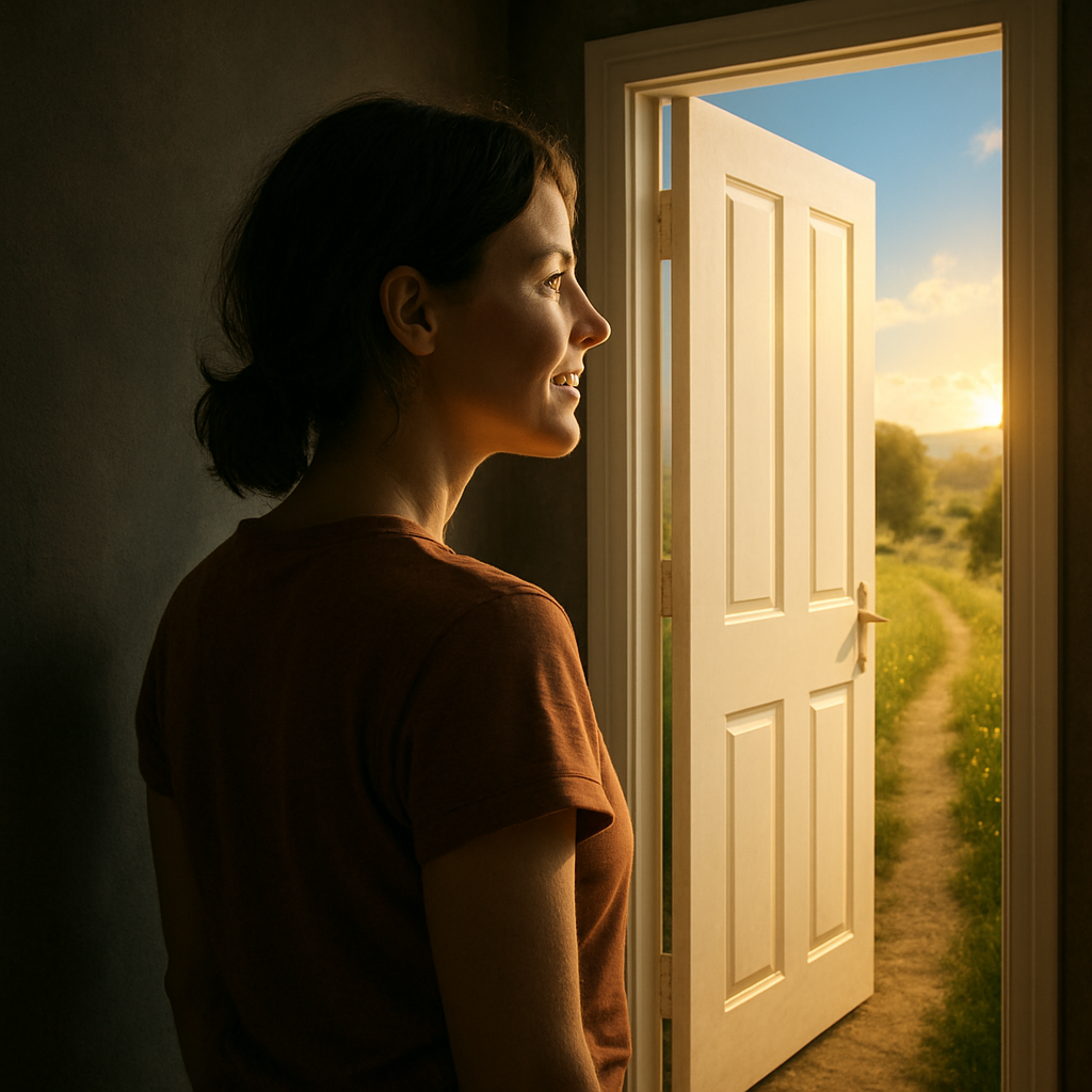The image depicts a realistic interpretation of a person on the cusp of change. There is a door in front of them, representing the future, with all of the positive things they want in their life beyond it. They are looking into the door, their face looking hopeful.