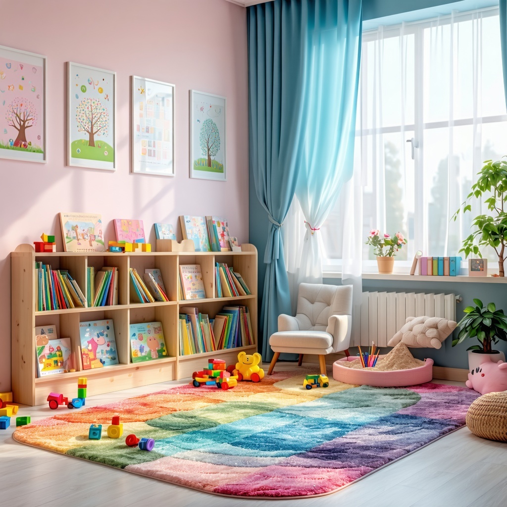 The image features a warm and inviting office space designed for child therapy, with soft pastel colors adorning the walls. A cozy reading nook is set up with plush cushions and a small bookshelf filled with children's books. In one corner, a colorful rug is spread out, surrounded by various toys, art supplies, and a sand tray, inviting imaginative play. A gentle light filters through sheer curtains, creating a calm atmosphere. On the walls, framed artwork created by children adds a personal touch, while a small plant in the window corner brings a bit of nature indoors. A therapy chair, designed for comfort, sits across from a child-sized chair, symbolizing the connection between therapist and child. The space reflects a nurturing environment where emotions can be explored and relationships fostered, embodying the essence of early childhood mental health.