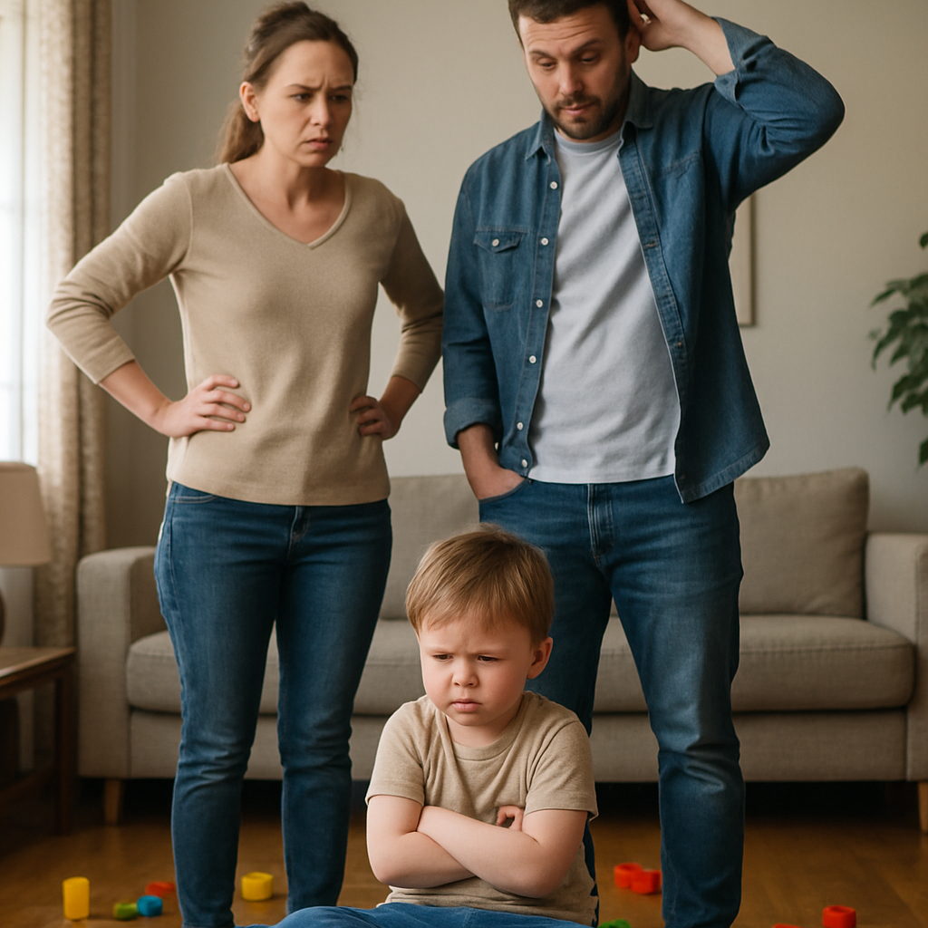 The scene captures a moment of family chaos in a cozy living room, where two parents stand awkwardly beside their child, who is visibly upset and throwing a temper tantrum. The mother, with furrowed brows and a hand on her hip, glances anxiously at her partner, while the father scratches his head in confusion, their expressions a mix of concern and frustration. On the floor, the child sits defiantly with arms crossed tightly over their chest, cheeks flushed and lips pursed, surrounded by a colorful array of scattered toys that lay ignored. The air is thick with tension, as the parents attempt to reason with their child, who is resolutely refusing to engage, lost in their own emotional storm.
