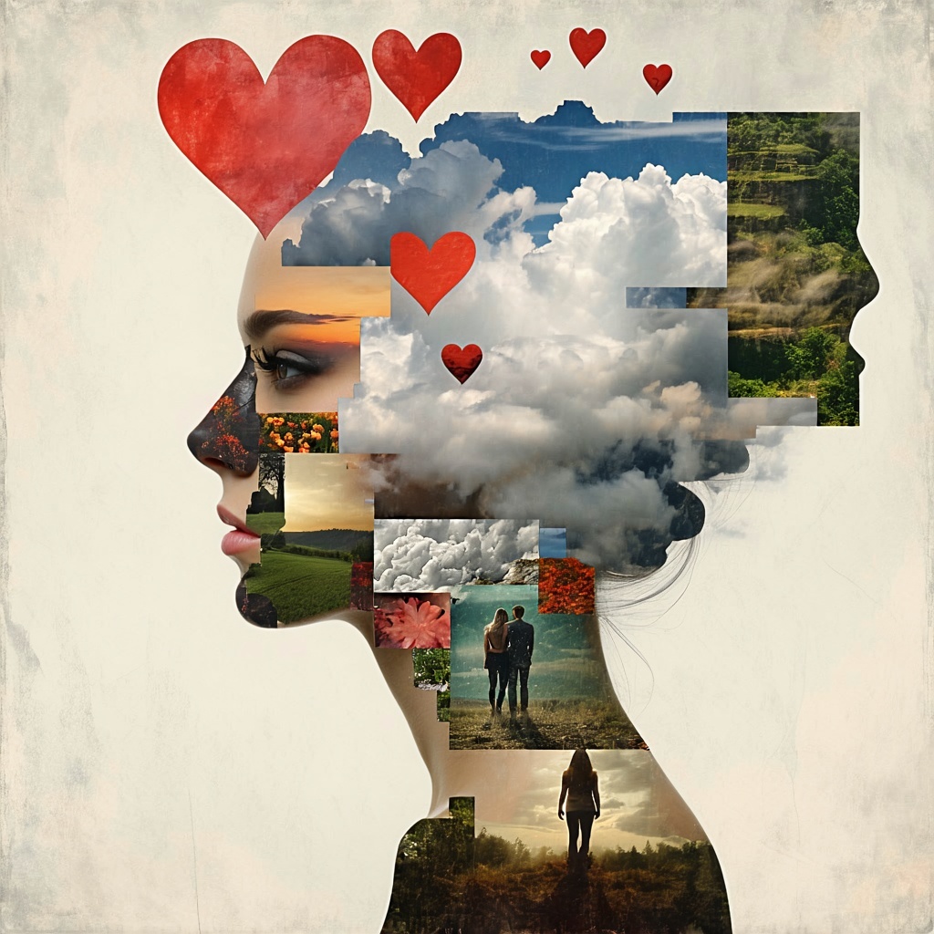 image of collage of woman with images of love in her head and uncertainty