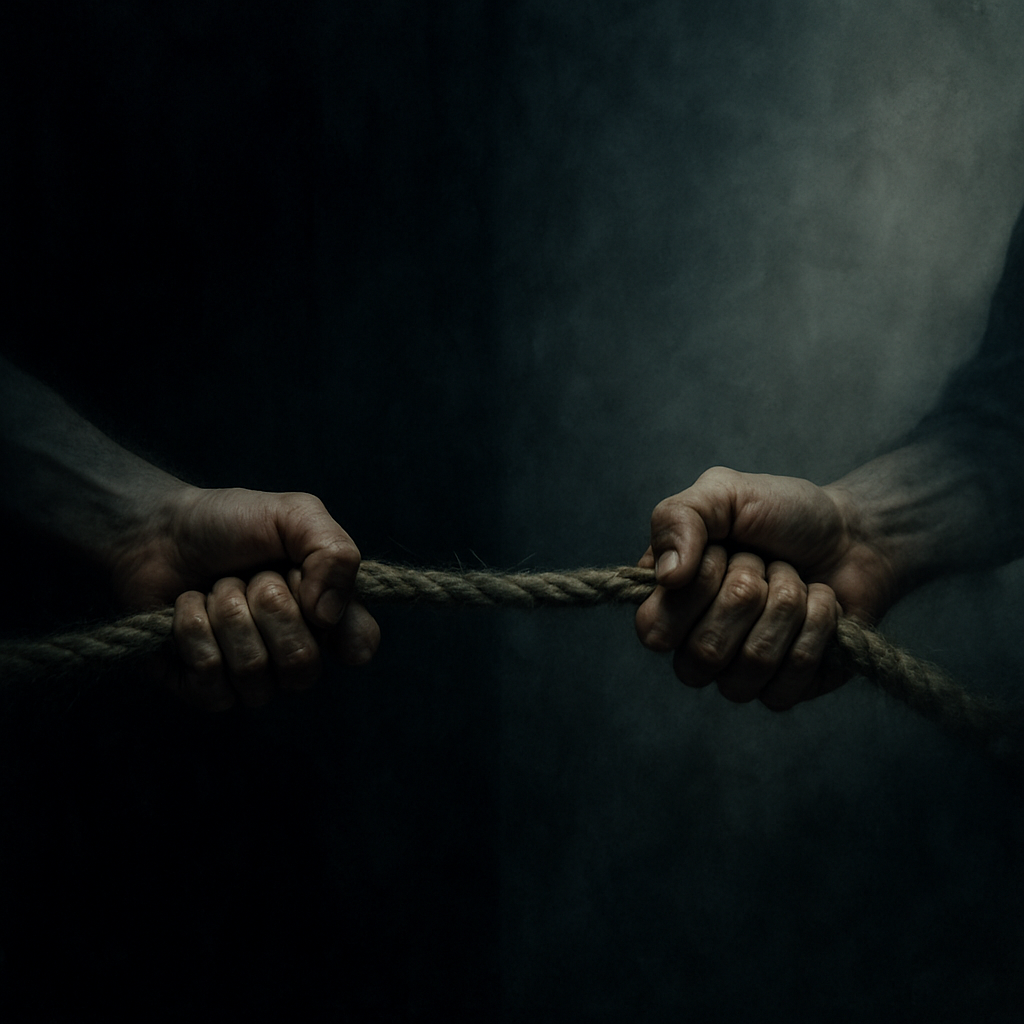 In a dimly lit room filled with shadows, two sets of hands engage in an intense tug of war representing addiction