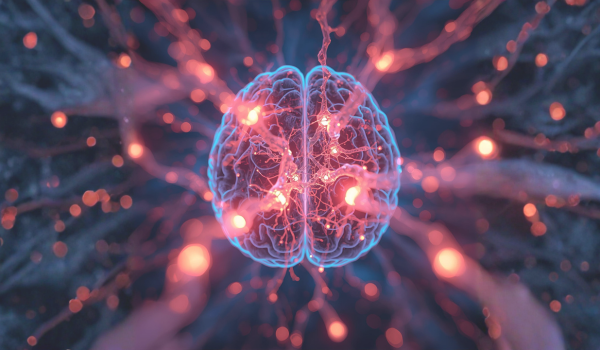 Brain, centered on the image, and lit up with blue light. Strings of pink electricity coming from the brain and to the edges of the image.